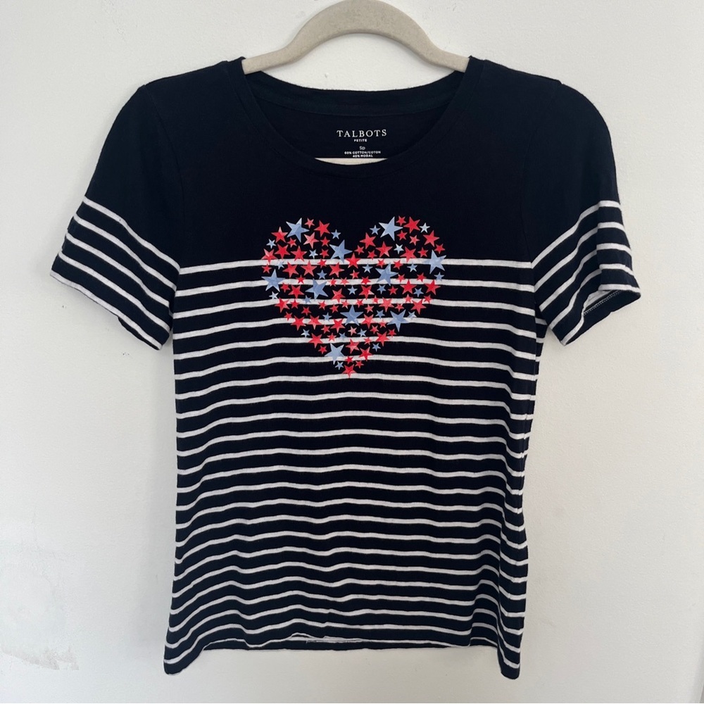 Talbots  Women's Size S Nautical Navy White Striped Heart and Stars T-sh…